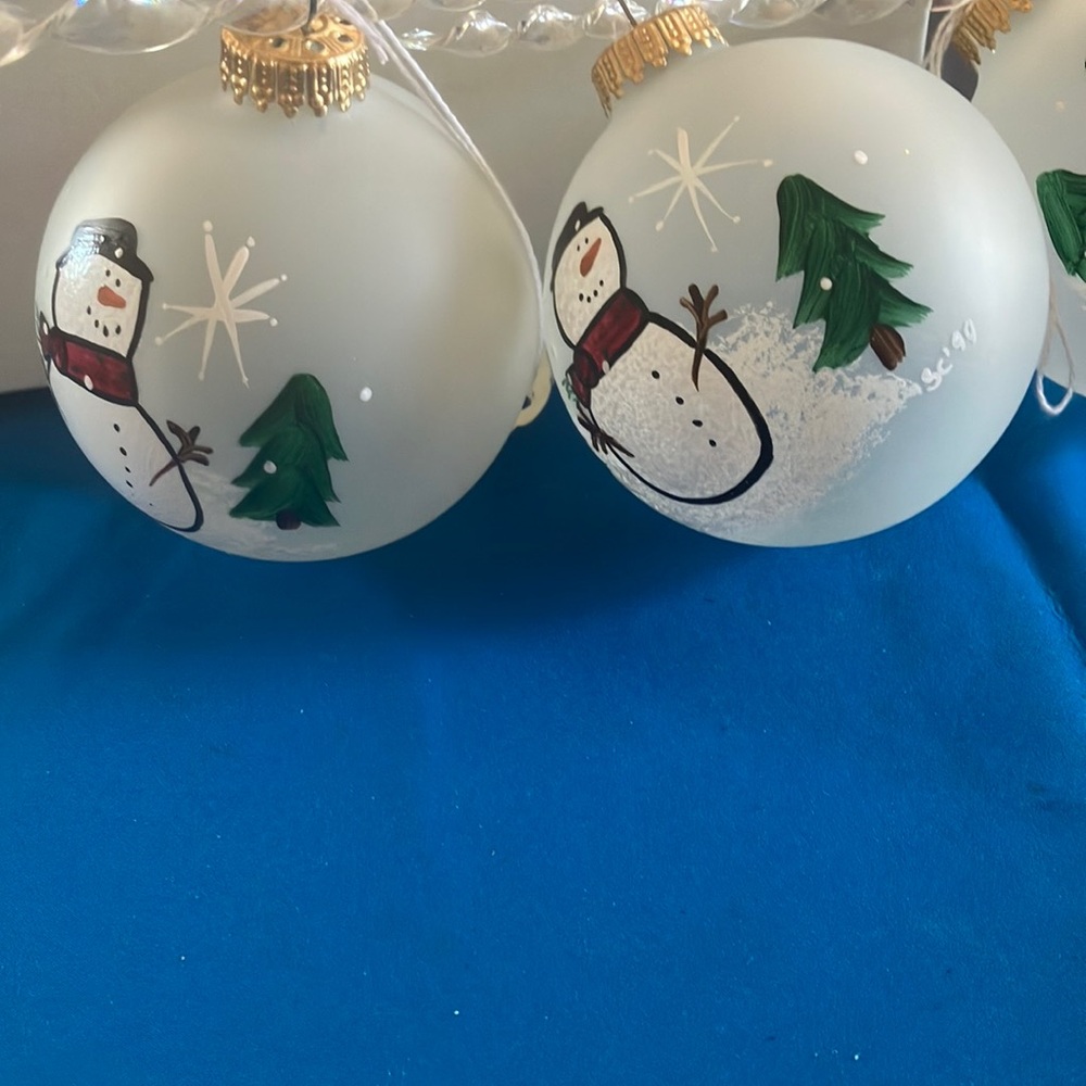 Set of 3 painted Snowman Holiday Ornaments - White and Green